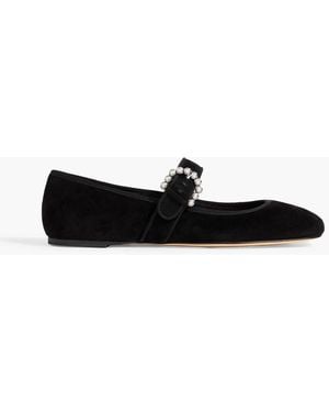 Stuart Weitzman Piper Faux Pearl-Embellished Suede Mary Jane Flats - Black