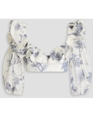 Zimmermann Cropped Ruffled Floral-print Plissé-organza Top - Blue