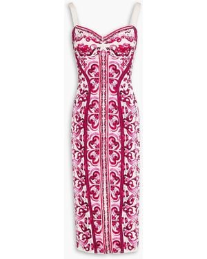 Dolce & Gabbana Printed Silk-blend Satin And Mesh Midi Dress - Pink
