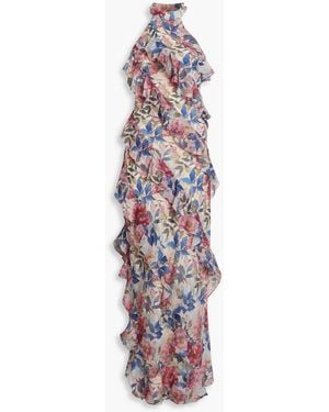 Mikael Aghal Ruffled Floral-Print Chiffon Maxi Dress - White