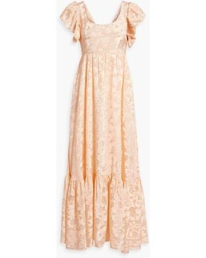 byTiMo Maxikleid aus glänzendem jacquard mit rüschen und cut-outs - Natur