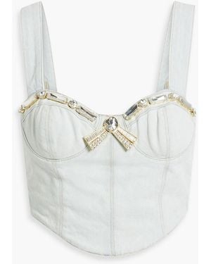Area Cropped Crystal-embellished Denim Bustier Top - White