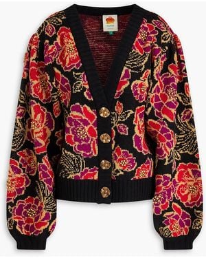 FARM Rio Metallic Bead-embellished Jacquard-knit Cardigan - Red