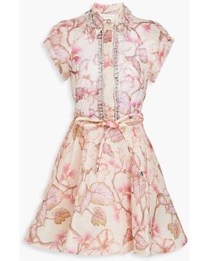 Zimmermann Crystal-embellished Floral-print Linen And Silk-blend Gauze Mini Dress - Pink