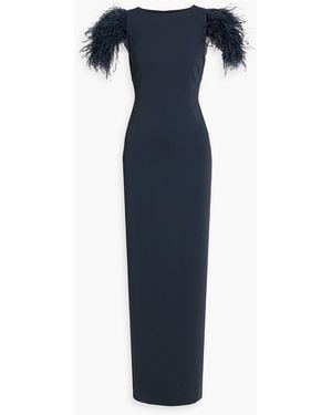 Badgley Mischka Feather-Trimmed Crepe Gown - Blue
