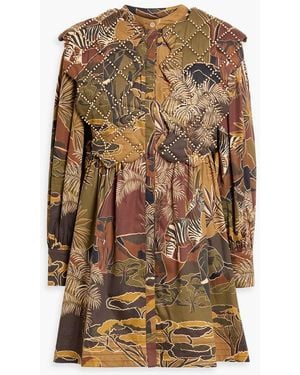FARM Rio Bead-Embellished Printed Cotton-Poplin Mini Dress - Brown