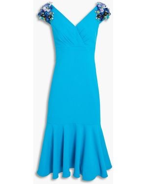 Badgley Mischka Fluted Floral-appliquéd Crepe Dress - Blue