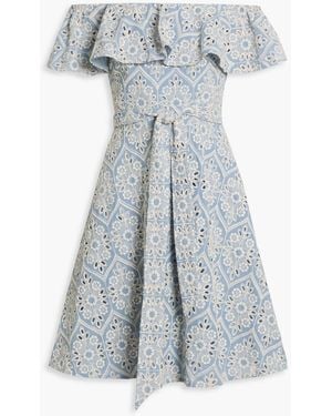 Mikael Aghal Off-The-Shoulder Ruffled Broderie Anglaise Cotton Dress - Blue