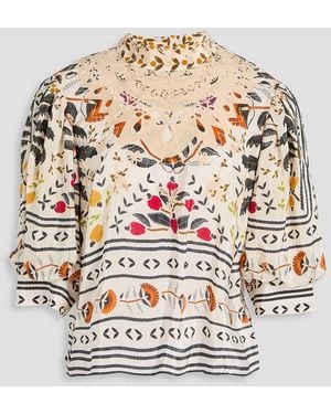 FARM Rio Printed Guipure Lace-trimmed Satin-crepe Top - Grey