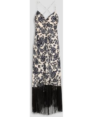 Sandro Fringed Floral-print Silk-twill Maxi Dress - White