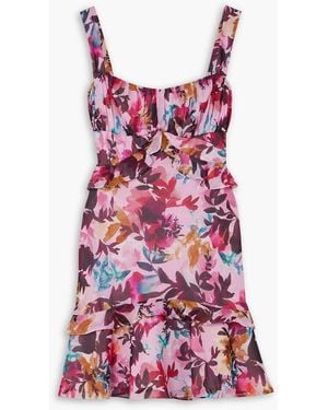 Saloni Chandra Ruffled Floral-print Silk Crepe De Chine Mini Dress - Red