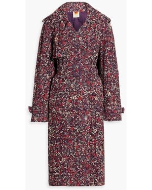 FARM Rio Floral-Print Broderie Anglaise Cotton Trench Coat - Purple