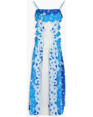 FARM Rio Cutout Knotted Floral-Print Linen-Blend Midi Dress - Blue