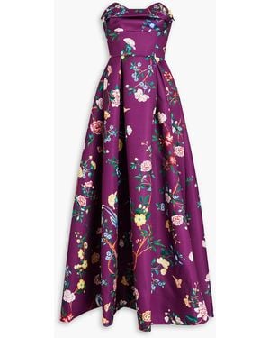 Marchesa Strapless Embellished Floral Print Satin Gown - Purple