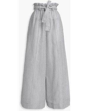 Zimmermann Belted Striped Cotton And Silk-Blend Wide-Leg Trousers - Grey