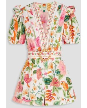 FARM Rio Belted Floral-Print Cotton Playsuit - White