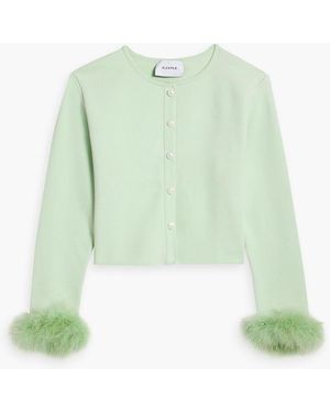 Sleeper Cropped Feather-trimmed Stretch-knit Cardigan - Green
