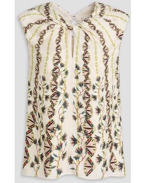 Saloni Dotty Twisted Floral-Print Satin-Jacquard Top - Natural