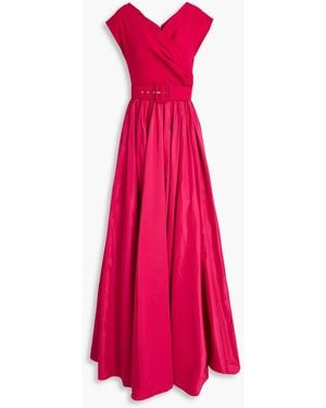 Rhea Costa Belted Wrap-effect Crepe And Taffeta Gown - Pink