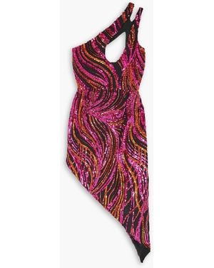 Halpern One-shoulder Cutout Sequined Tulle Mini Dress - Red