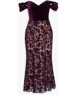 Marchesa Off-The-Shoulder Devoré-Velvet Midi Dress - Purple