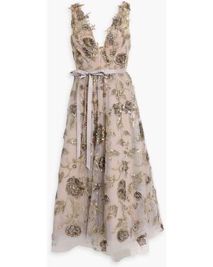 Marchesa Embellished Tulle Midi Dress - Natural