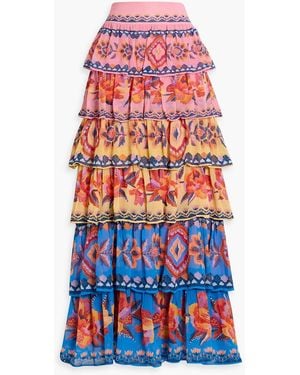 FARM Rio Ruffled Printed Georgette Maxi Skirt - Red