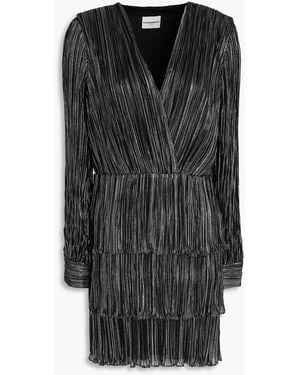 Claudie Pierlot Wrap-effect Metallic Plissé-chiffon Mini Dress - Black