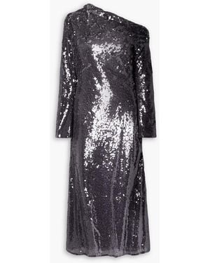 Self-Portrait Asymmetric Sequined Mesh Midi Dress - Black