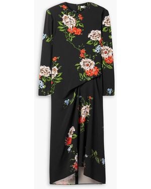 Tibi Draped Floral-Print Crepe Midi Dress - Black