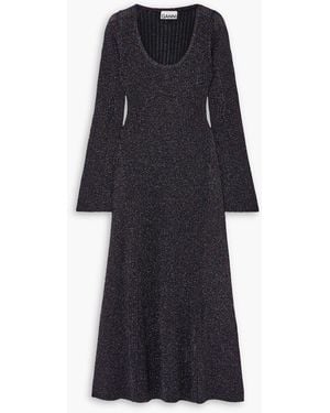 Ganni Metallic Ribbed-knit Midi Dress - Black