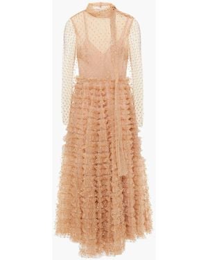 RED Valentino Tie-Neck Ruffled Glittered Tulle Midi Dress - Natural
