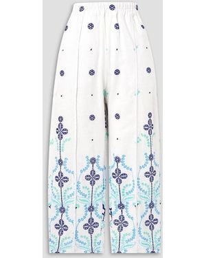 Charo Ruiz Lya Cropped Broderie Anglaise Cotton-blend Wide-leg Pants - Blue