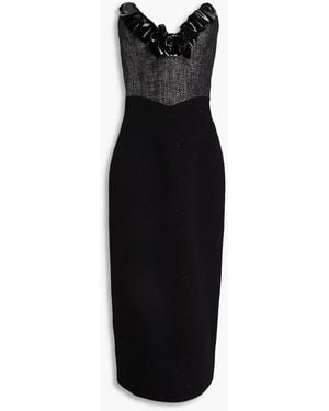Alessandra Rich Strapless Ruffled Vinyl And Metallic Tweed Midi Dress - Black