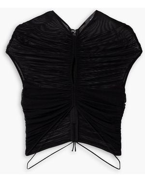 Mugler Cropped Ruched Stretch-Tulle Top - Black