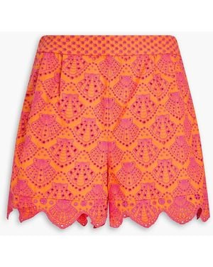 Saloni Paige Pleated Broderie Anglaise Cotton Shorts - Red