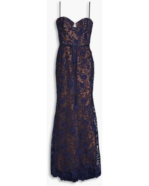 Marchesa Satin-trimmed Guipure Lace And Tulle Gown - Blue