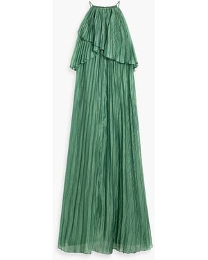 Badgley Mischka Pleated Crinkled-Habotai Gown - Green