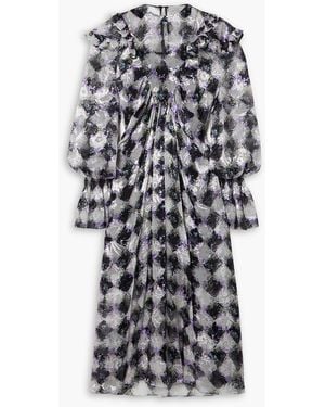 Preen By Thornton Bregazzi Mystic Ruffled Printed Devoré-satin Midi Dress - Purple