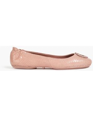 Tory Burch Minnie Embellished Lizard-Effect Leather Ballet Flats - Pink
