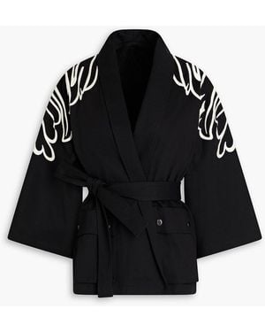 RED Valentino Belted Embroidered Cotton-Twill Kimono - Black