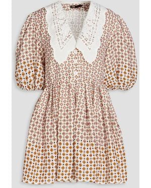 Maje Bedrucktes minikleid aus leinen mit guipure-spitzenbesatz - Natur