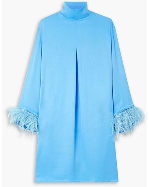 Sleeper Party Shirt Feather-trimmed Satin Dress - Blue