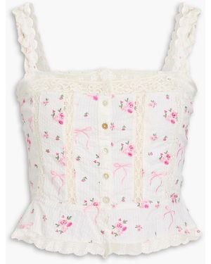 LoveShackFancy Vietta Lace-Trimmed Embroidered Cotton-Voile Top - White