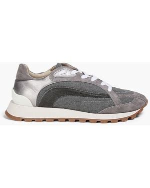 Brunello Cucinelli Bead-Embellished Metallic Leather, Suede And Wool Trainers - Grey