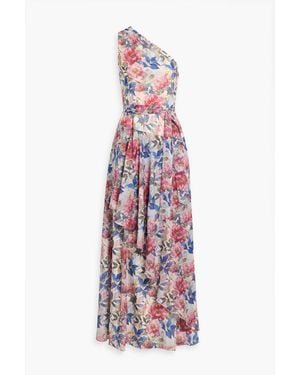 Mikael Aghal One-Shoulder Layered Floral-Print Chiffon Maxi Dress - White