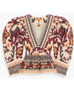 FARM Rio Lace-Trimmed Printed Cotton-Poplin Peplum Blouse - White