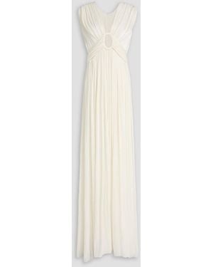 Costarellos Cutout Pleated Metallic Georgette Gown - White