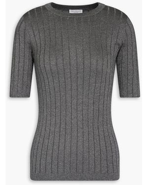 Brunello Cucinelli Ribbed Metallic Silk-Blend Top - Grey