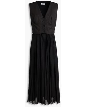 Sandro Linen-blend Twill And Georgette Midi Dress - Black